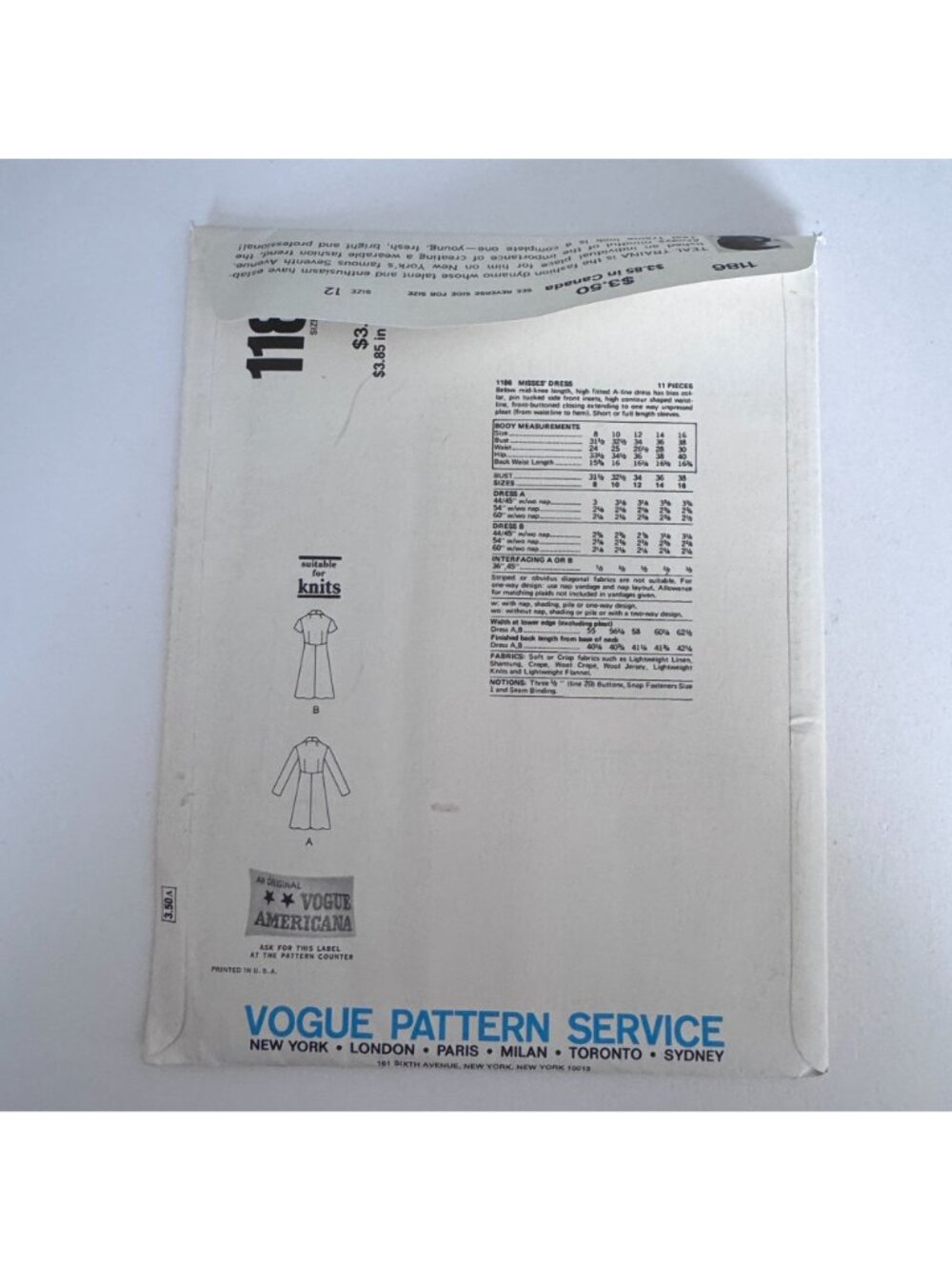 Vogue Sewing Pattern 1186 Teal Traina A-Line Dress 1975 Designer Vintage 12 UC - Picture 10 of 11